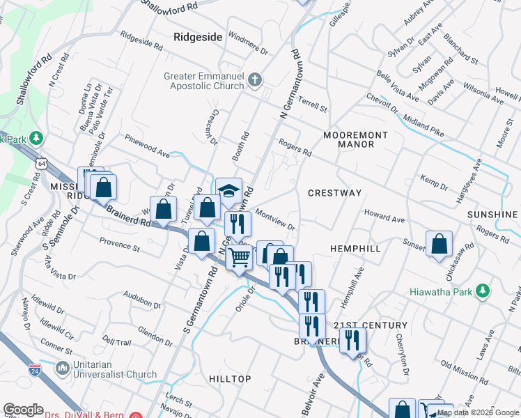 map of restaurants, bars, coffee shops, grocery stores, and more near 3606 Montview Drive in Chattanooga