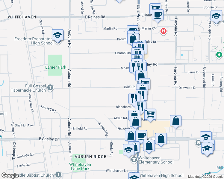 map of restaurants, bars, coffee shops, grocery stores, and more near 1063 Hale Road in Memphis