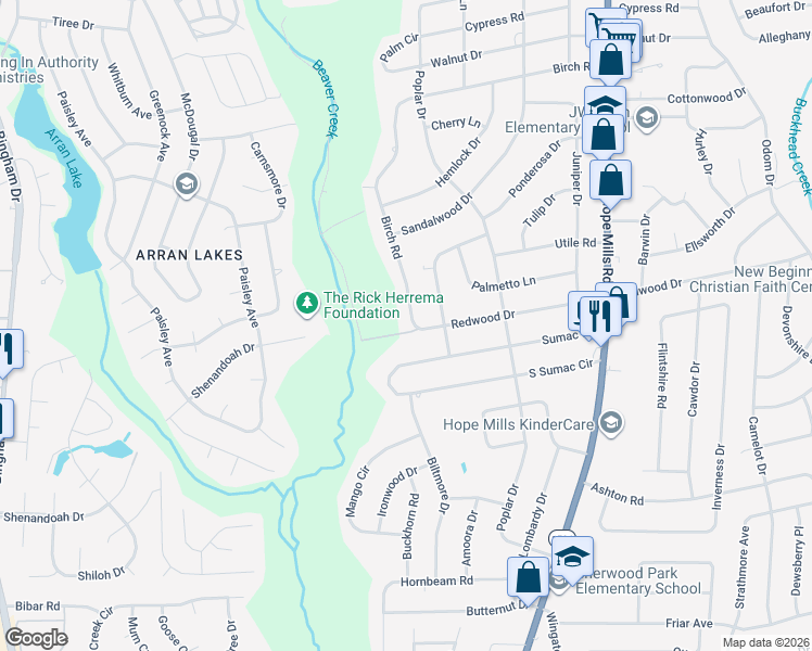 map of restaurants, bars, coffee shops, grocery stores, and more near 5311 Redwood Drive in Fayetteville