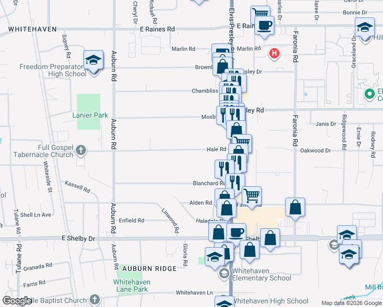 map of restaurants, bars, coffee shops, grocery stores, and more near 1063 Hale Road in Memphis