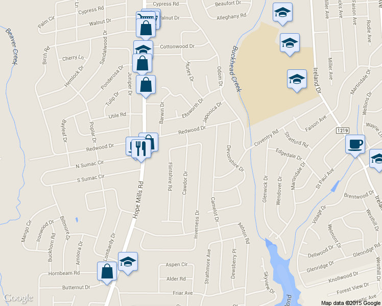 map of restaurants, bars, coffee shops, grocery stores, and more near 1605 Cawdor Drive in Fayetteville