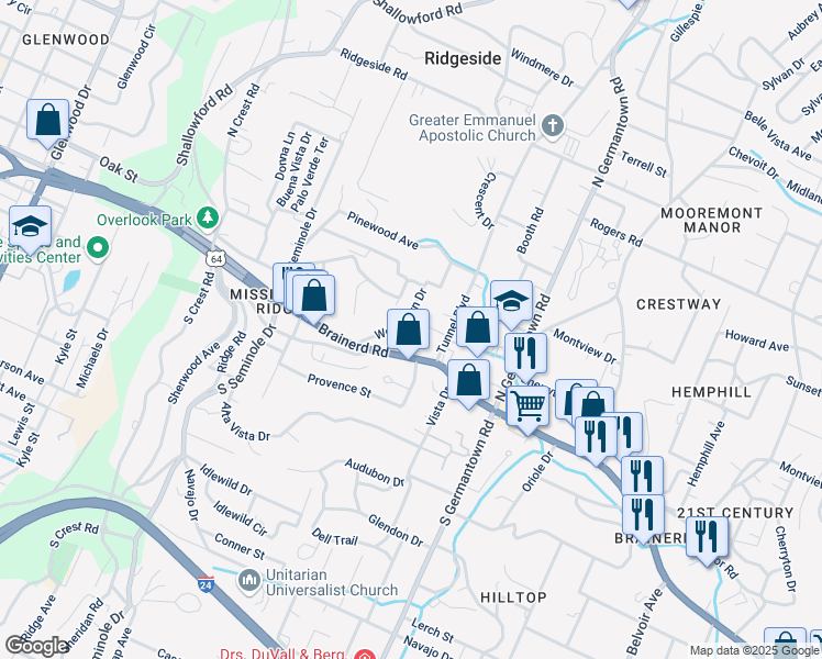 map of restaurants, bars, coffee shops, grocery stores, and more near 32 Woodlawn Drive in Chattanooga