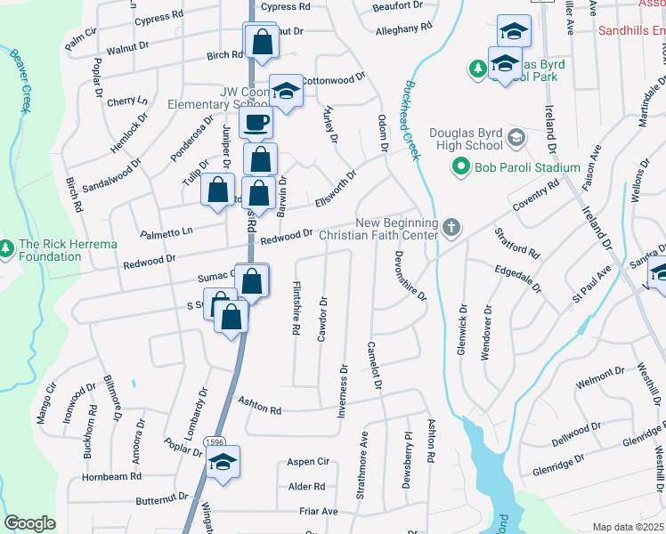 map of restaurants, bars, coffee shops, grocery stores, and more near 1605 Cawdor Drive in Fayetteville