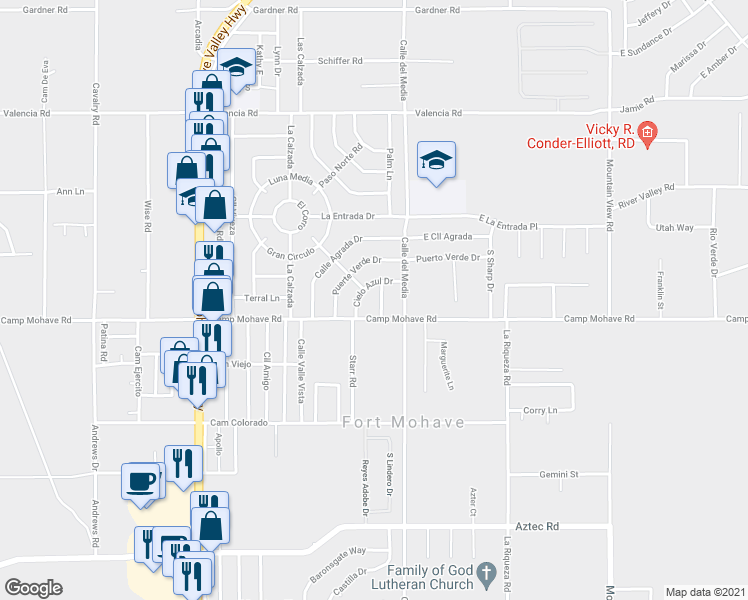 map of restaurants, bars, coffee shops, grocery stores, and more near 4457 Estado Way in Fort Mohave