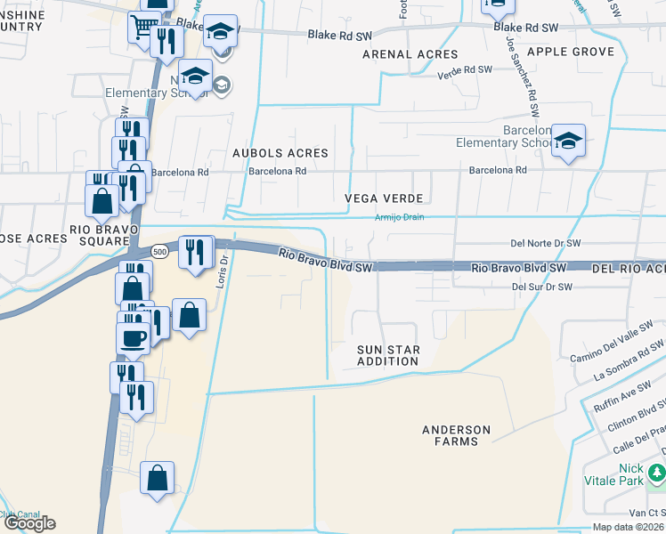 map of restaurants, bars, coffee shops, grocery stores, and more near 3002 Rio Bravo Boulevard Southwest in Albuquerque