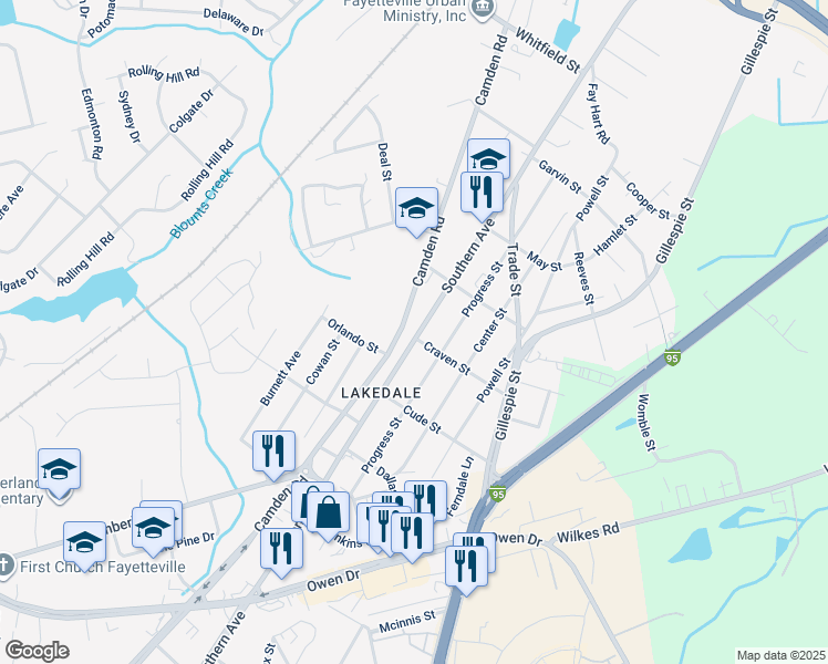 map of restaurants, bars, coffee shops, grocery stores, and more near 1192 Southern Avenue in Fayetteville