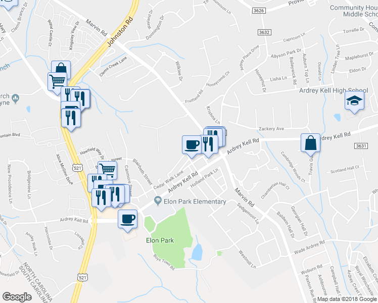 map of restaurants, bars, coffee shops, grocery stores, and more near 9714 Longstone Lane in Charlotte