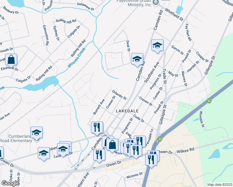 map of restaurants, bars, coffee shops, grocery stores, and more near 599 Orlando St in Fayetteville