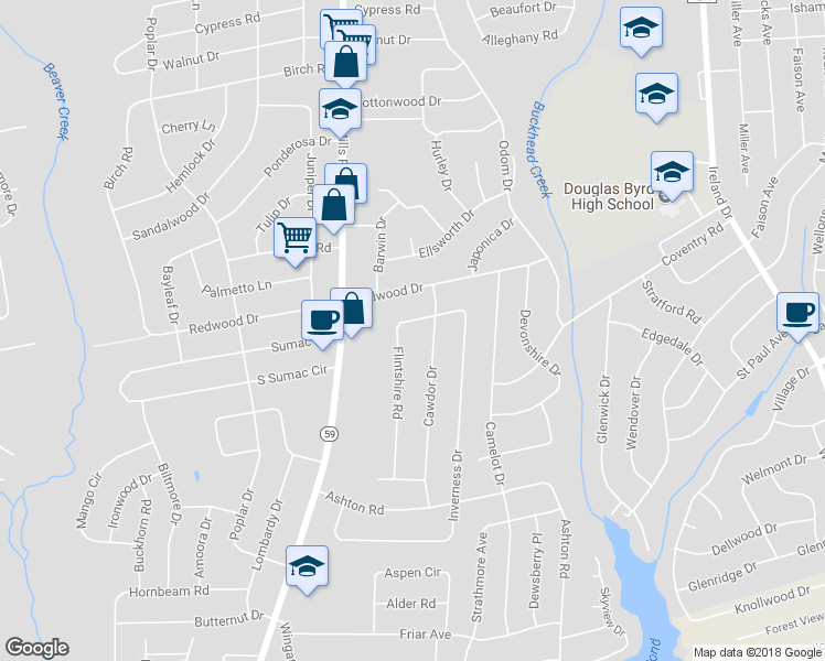 map of restaurants, bars, coffee shops, grocery stores, and more near 1609 Flintshire Road in Fayetteville