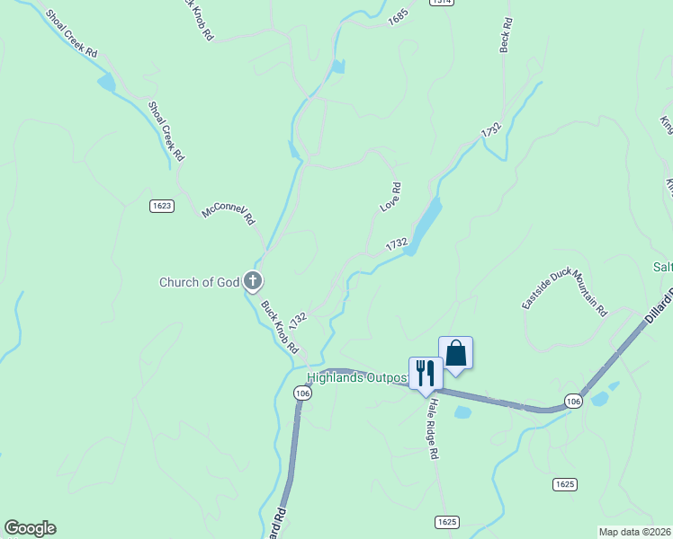 map of restaurants, bars, coffee shops, grocery stores, and more near 164 Brown Lake Road in Scaly Mountain
