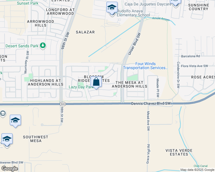 map of restaurants, bars, coffee shops, grocery stores, and more near 9019 Blue Meadow Tr Southwest in Albuquerque