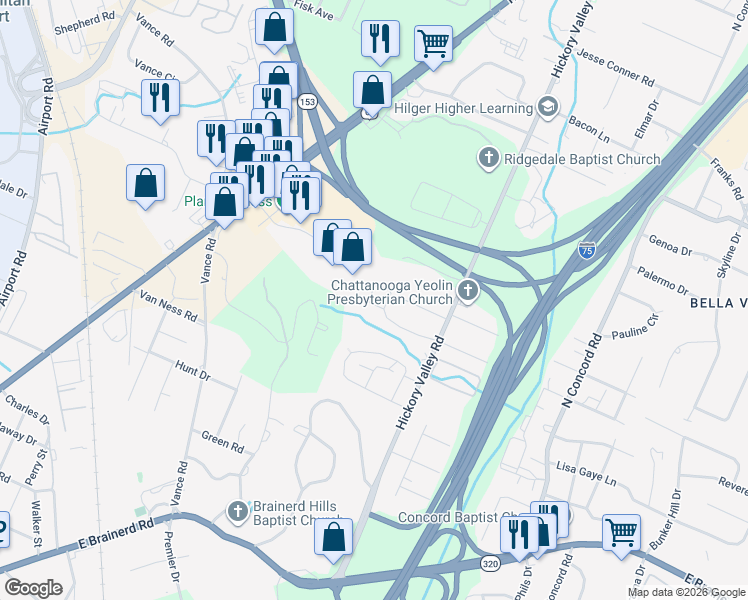 map of restaurants, bars, coffee shops, grocery stores, and more near 6543 Hickory Trace Circle in Chattanooga