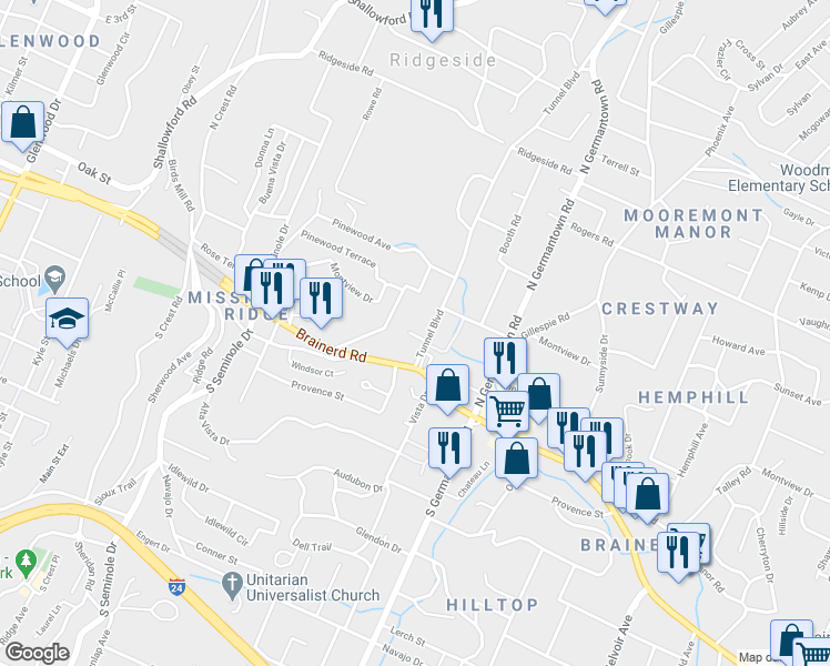 map of restaurants, bars, coffee shops, grocery stores, and more near 18 Tunnel Boulevard in Chattanooga