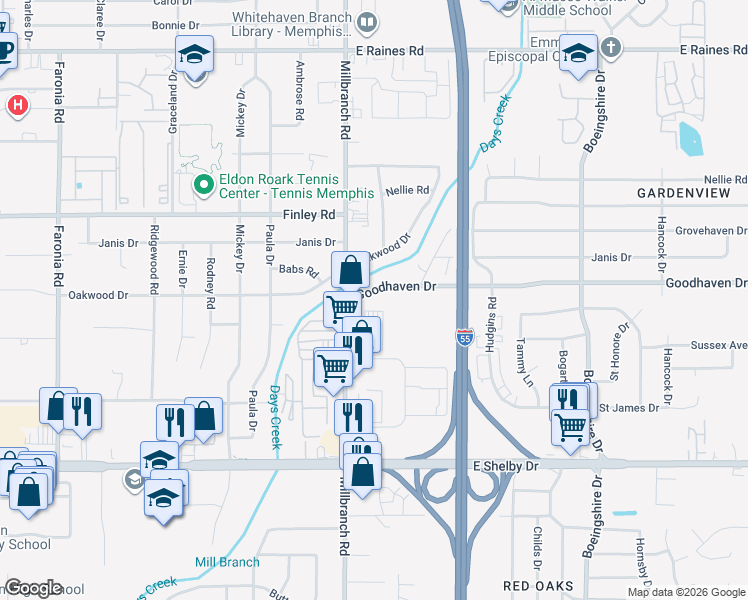 map of restaurants, bars, coffee shops, grocery stores, and more near 1727 Goodhaven Drive in Memphis