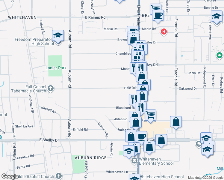 map of restaurants, bars, coffee shops, grocery stores, and more near 1063 Hale Road in Memphis