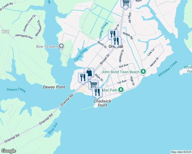map of restaurants, bars, coffee shops, grocery stores, and more near 411 Academy Street in Oriental