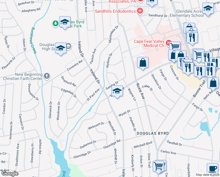 map of restaurants, bars, coffee shops, grocery stores, and more near 3801 Sandra Drive in Fayetteville