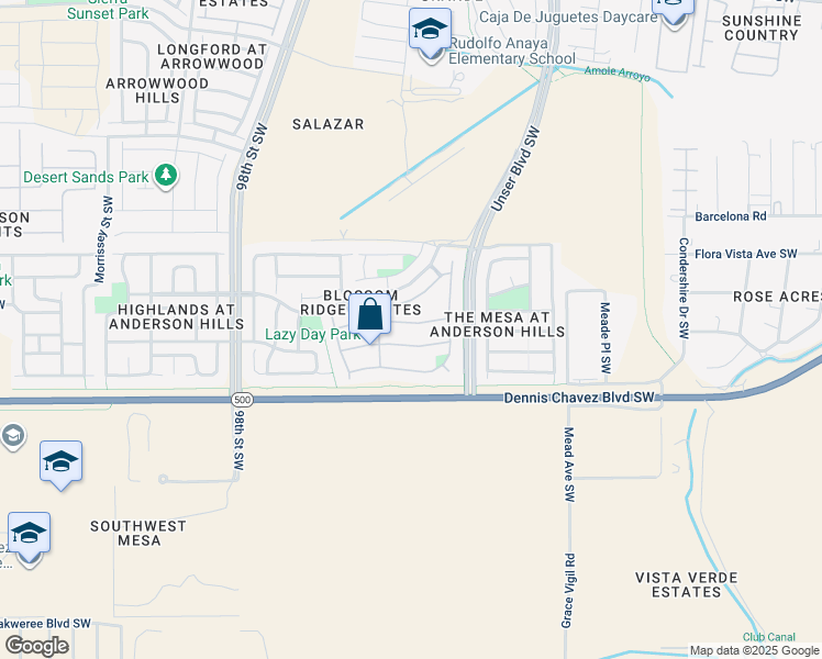 map of restaurants, bars, coffee shops, grocery stores, and more near 9019 Blue Meadow Tr Southwest in Albuquerque