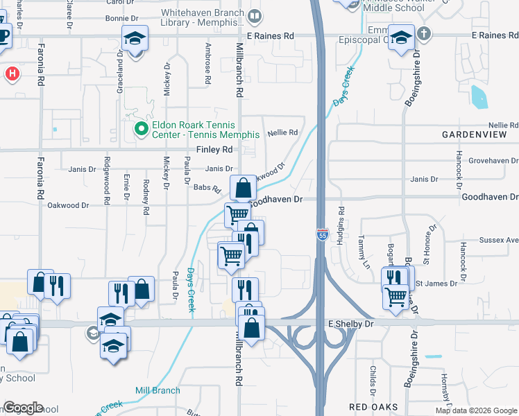 map of restaurants, bars, coffee shops, grocery stores, and more near 1727 Goodhaven Drive in Memphis