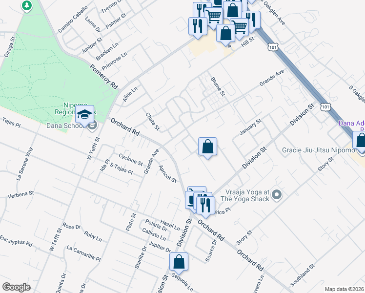 map of restaurants, bars, coffee shops, grocery stores, and more near 330 Kestrel Way in Nipomo