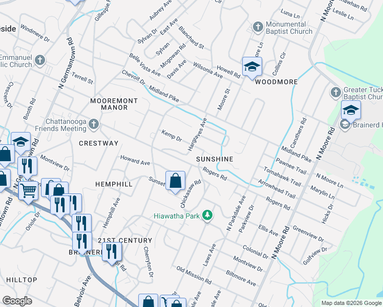 map of restaurants, bars, coffee shops, grocery stores, and more near 504 Hargraves Avenue in Chattanooga