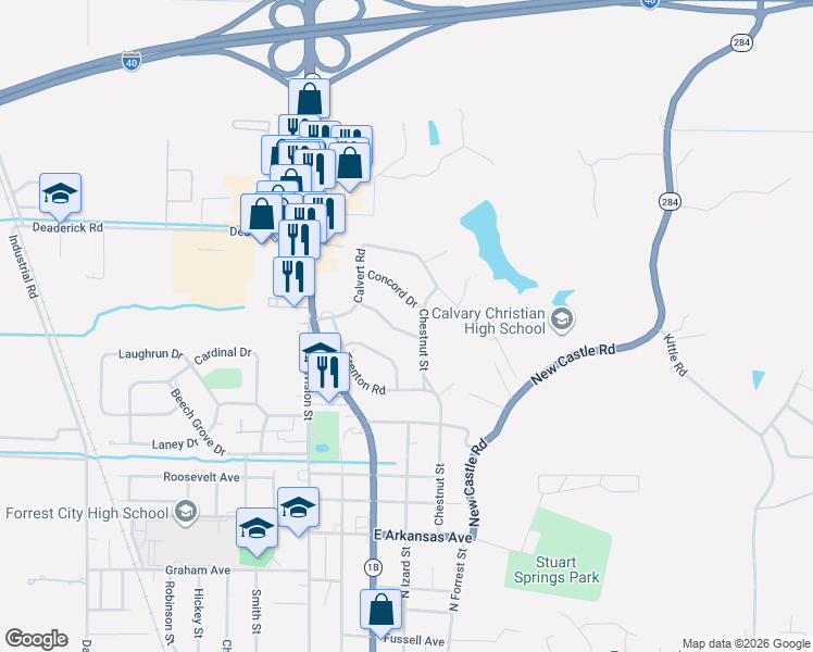 map of restaurants, bars, coffee shops, grocery stores, and more near 368 Yorktown Drive in Forrest City
