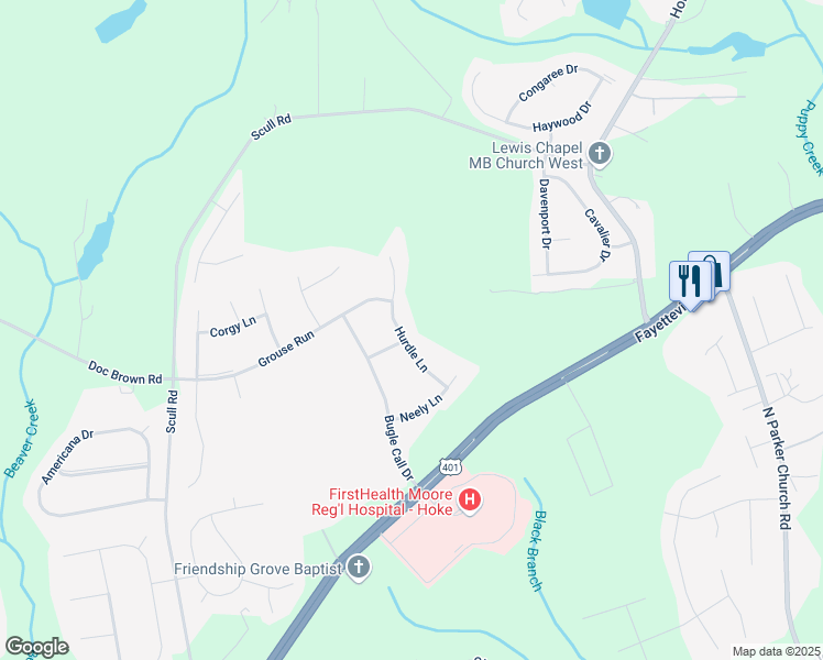 map of restaurants, bars, coffee shops, grocery stores, and more near 124 Hurdle Lane in Raeford
