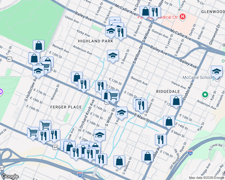 map of restaurants, bars, coffee shops, grocery stores, and more near 2006 East 13th Street in Chattanooga