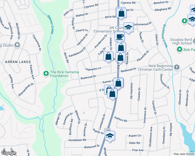 map of restaurants, bars, coffee shops, grocery stores, and more near 5125 Redwood Drive in Fayetteville
