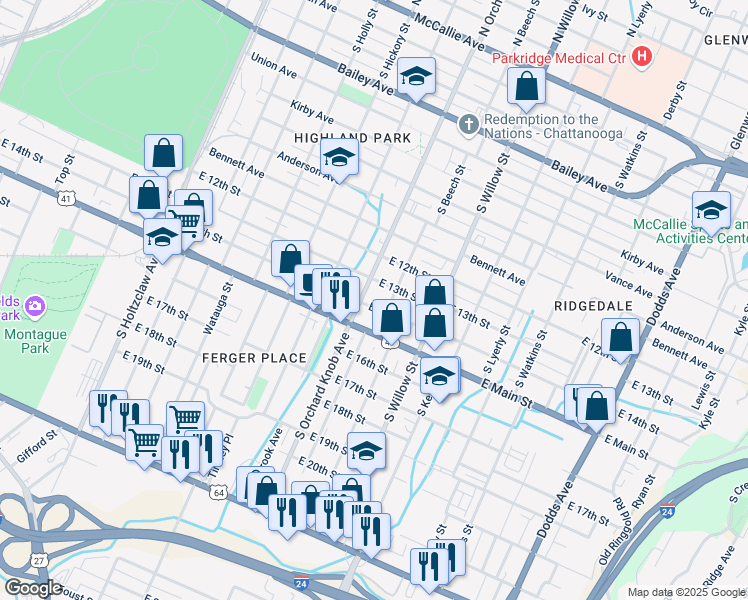 map of restaurants, bars, coffee shops, grocery stores, and more near 1902 East 14th Street in Chattanooga