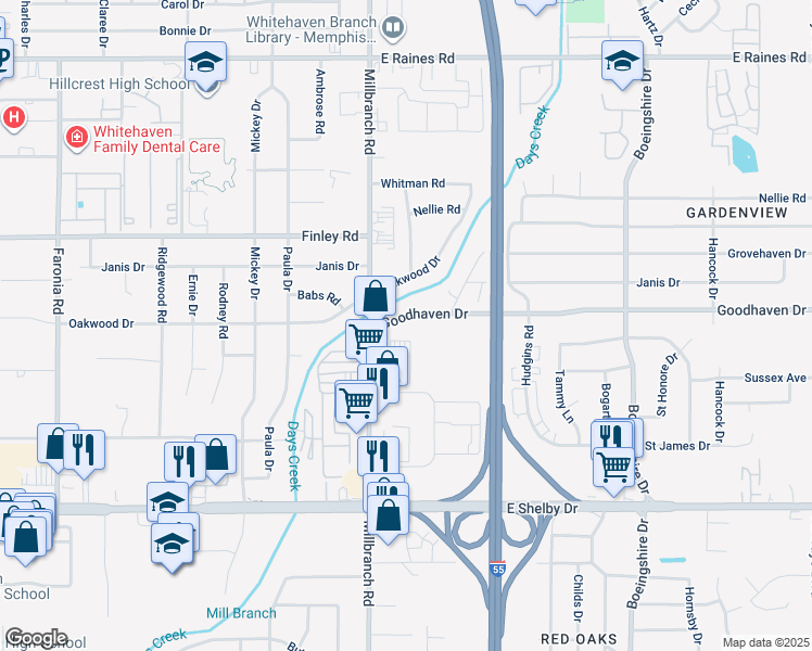 map of restaurants, bars, coffee shops, grocery stores, and more near 1735 Goodhaven Drive in Memphis
