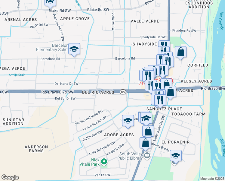 map of restaurants, bars, coffee shops, grocery stores, and more near 1832 Sausalito Drive Southwest in Albuquerque