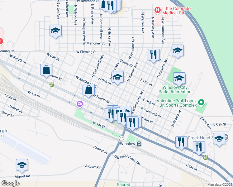 map of restaurants, bars, coffee shops, grocery stores, and more near 217 West Aspinwall Street in Winslow