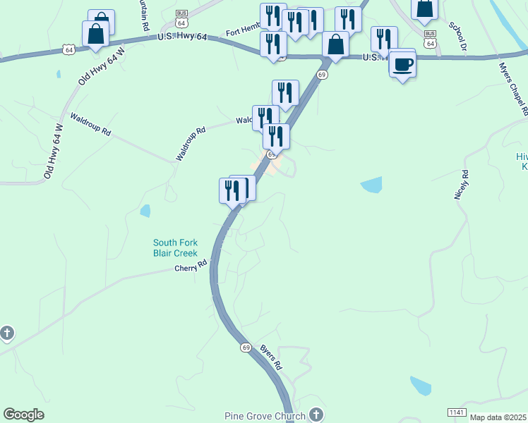 map of restaurants, bars, coffee shops, grocery stores, and more near 98 Mockingbird Lane in Hayesville
