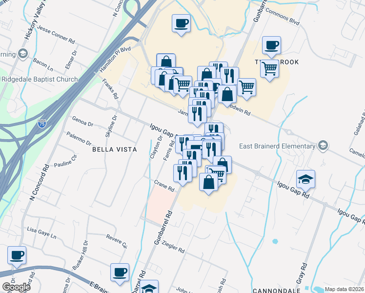 map of restaurants, bars, coffee shops, grocery stores, and more near 1824 Farris Road in Chattanooga