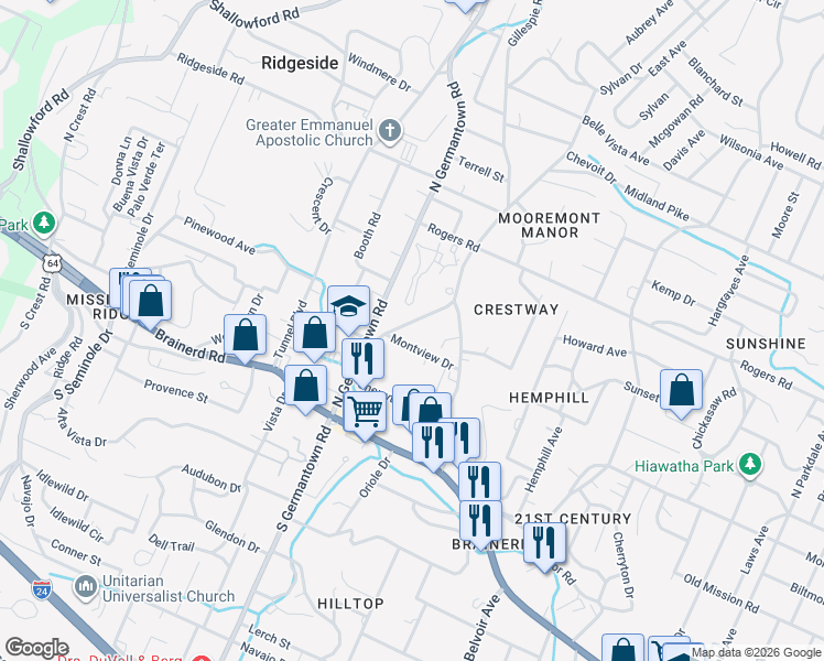 map of restaurants, bars, coffee shops, grocery stores, and more near 3606 Montview Drive in Chattanooga