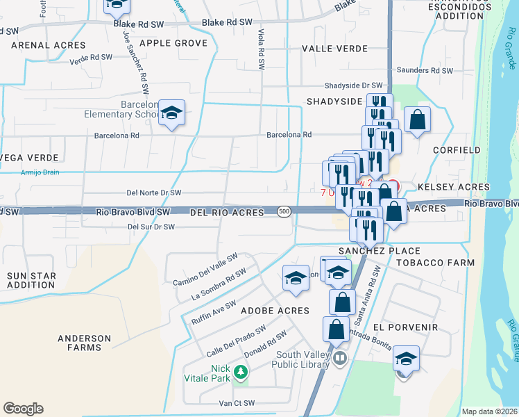 map of restaurants, bars, coffee shops, grocery stores, and more near New Mexico 500 in Albuquerque