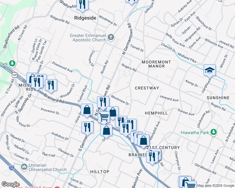 map of restaurants, bars, coffee shops, grocery stores, and more near 3606 Montview Drive in Chattanooga