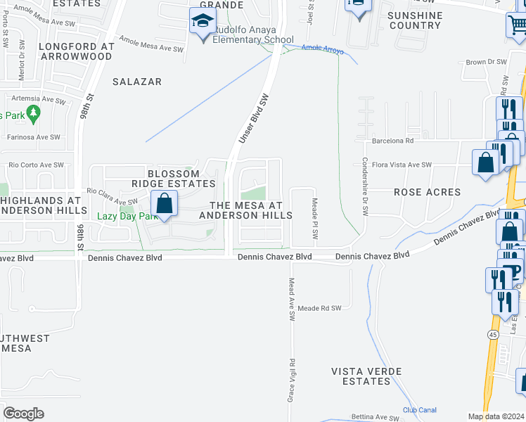 map of restaurants, bars, coffee shops, grocery stores, and more near 8427 Vista Penasco Avenue Southwest in Albuquerque