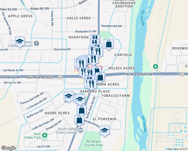 map of restaurants, bars, coffee shops, grocery stores, and more near Rio Bravo Blvd SW & Isleta Blvd SW in Albuquerque