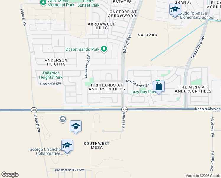 map of restaurants, bars, coffee shops, grocery stores, and more near 9812 Rio Camino Avenue Southwest in Albuquerque
