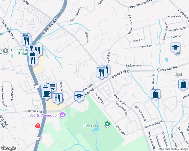 map of restaurants, bars, coffee shops, grocery stores, and more near 9638 Longstone Lane in Charlotte