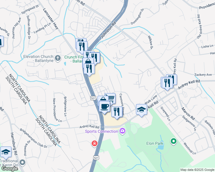 map of restaurants, bars, coffee shops, grocery stores, and more near 1632 Hanover Hills Street in Charlotte