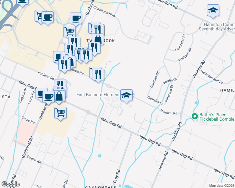 map of restaurants, bars, coffee shops, grocery stores, and more near 7660 Goodwin Road in Chattanooga