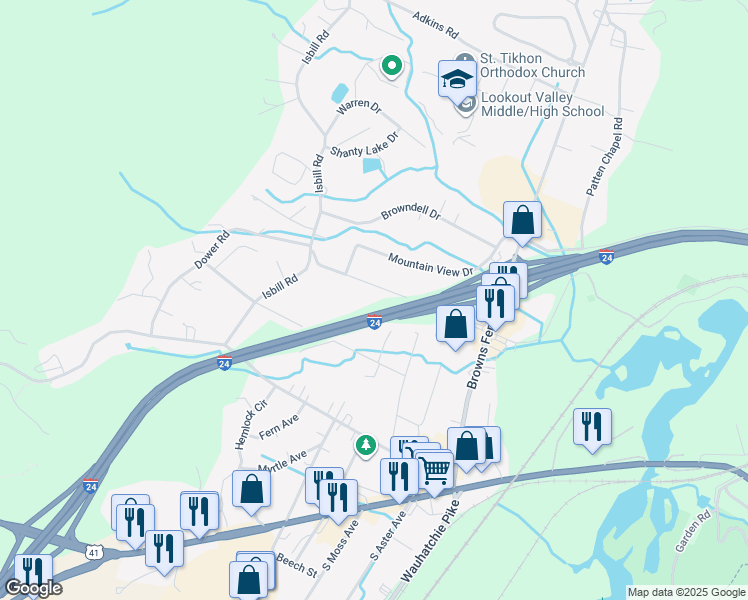 map of restaurants, bars, coffee shops, grocery stores, and more near 3332 Parker Lane in Chattanooga