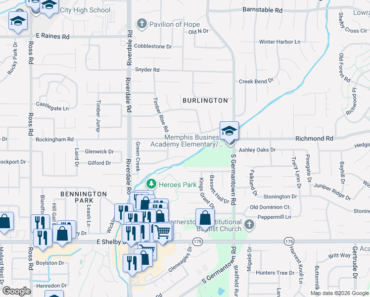 map of restaurants, bars, coffee shops, grocery stores, and more near 7110 Apple Creek in Memphis