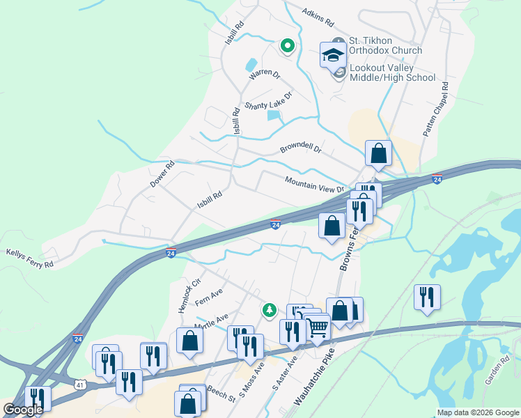 map of restaurants, bars, coffee shops, grocery stores, and more near 3332 Parker Lane in Chattanooga