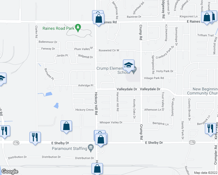 map of restaurants, bars, coffee shops, grocery stores, and more near 5968 Valleydale Drive in Memphis