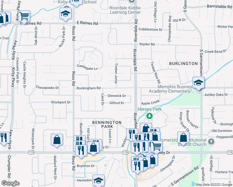 map of restaurants, bars, coffee shops, grocery stores, and more near 6878 Glenwick Drive in Memphis