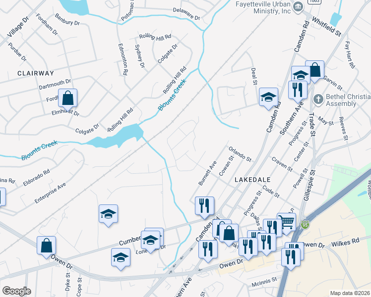 map of restaurants, bars, coffee shops, grocery stores, and more near 2009 Shedd Avenue in Fayetteville